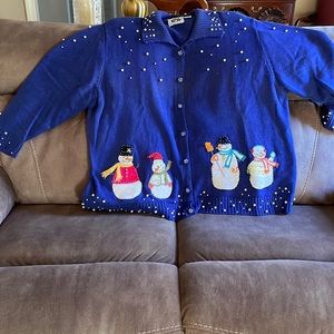 Storybook knits blue button up sweater with snowmen and pearls